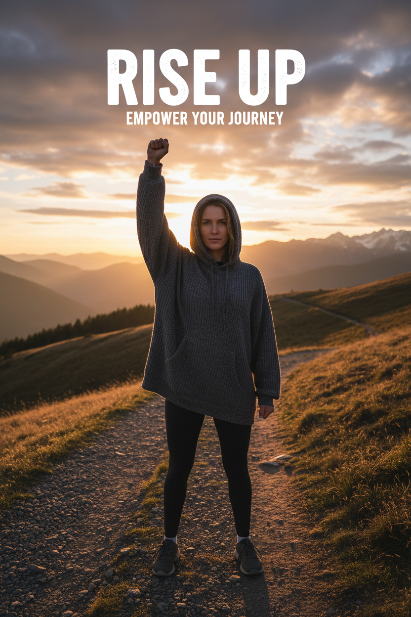 Person wearing a motivation hoodie outdoors at golden hour, confident and determined